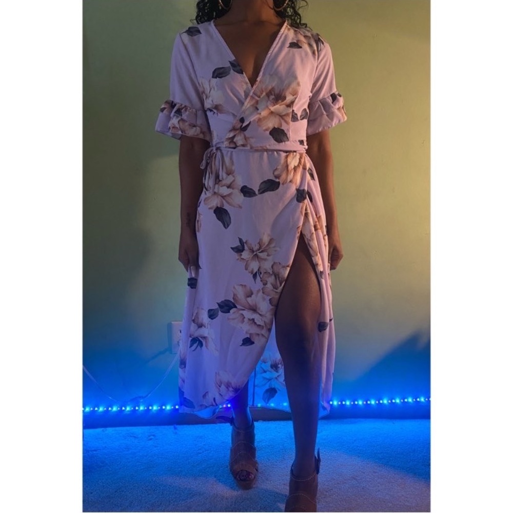 Floral high split wrap dress with ruffled sleeves